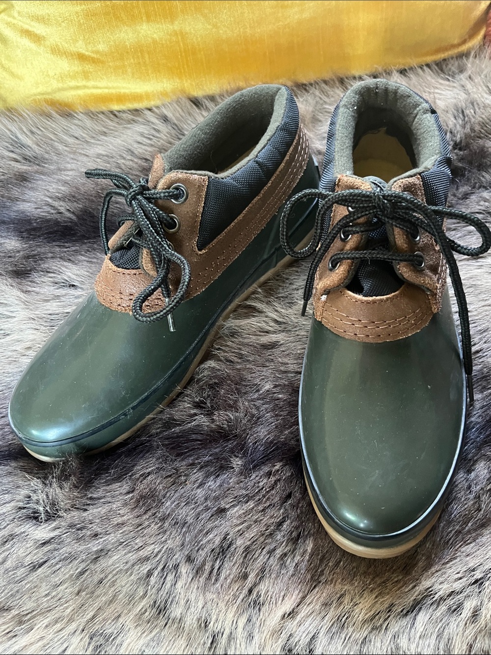 Women's Waterproof Green and Brown Lace-Up Rain Boots